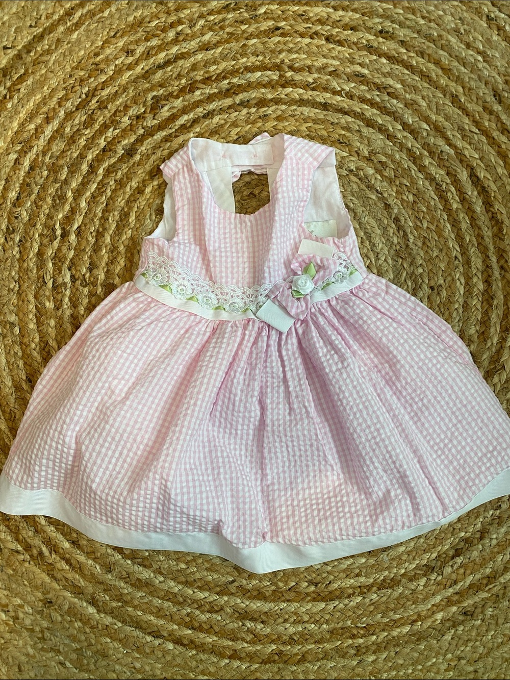 Rare Editions Pink Seersucker Floral Waistband Dress 18M